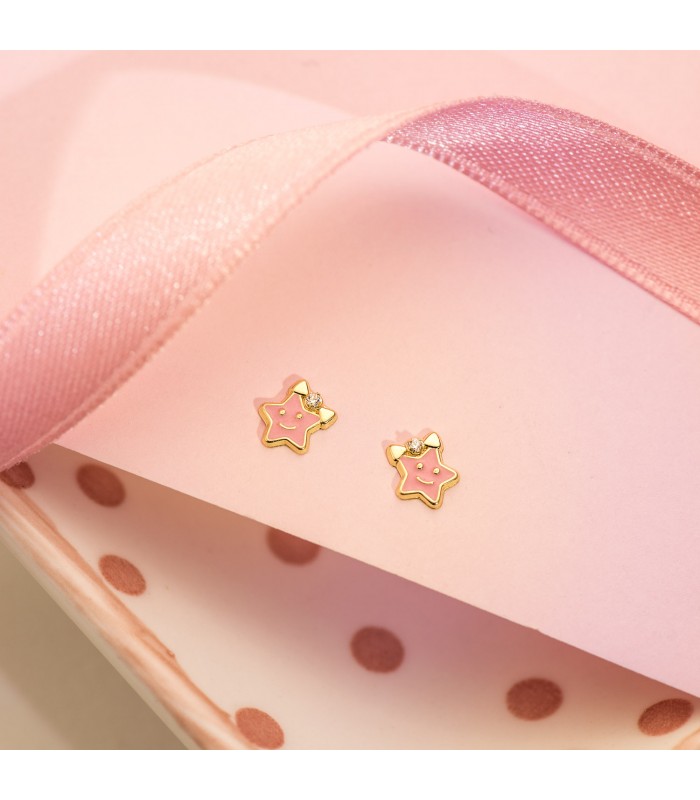 Pendientes Pastelito Rosa Oro 18K Estrella, pendientes niña y bebé
