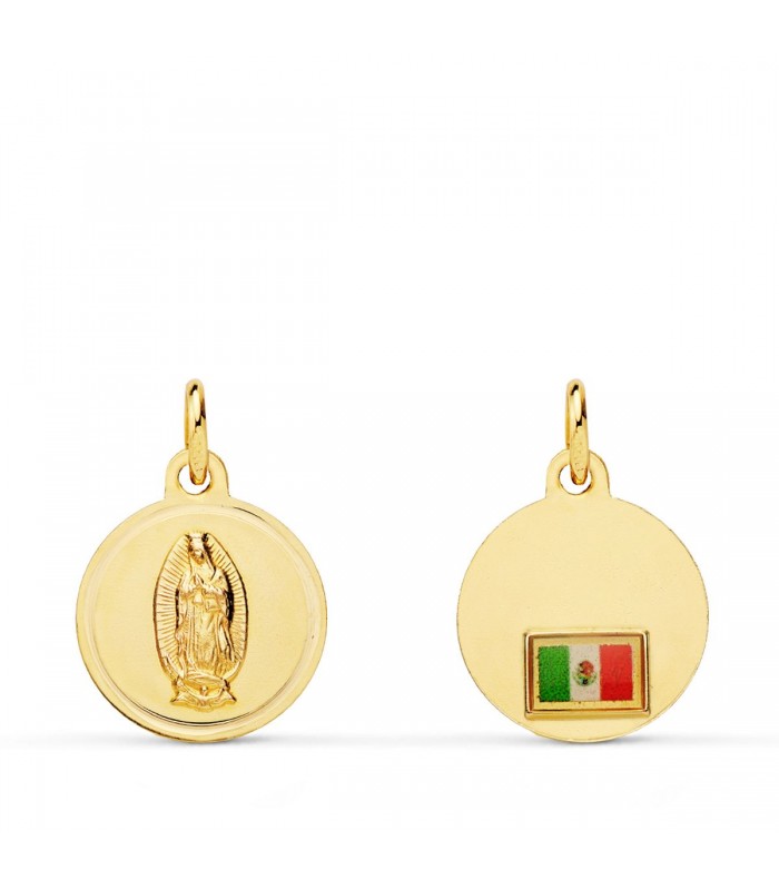 Médaille Guadalupe Drapeau Mexique Or 18K 14mm Biseau