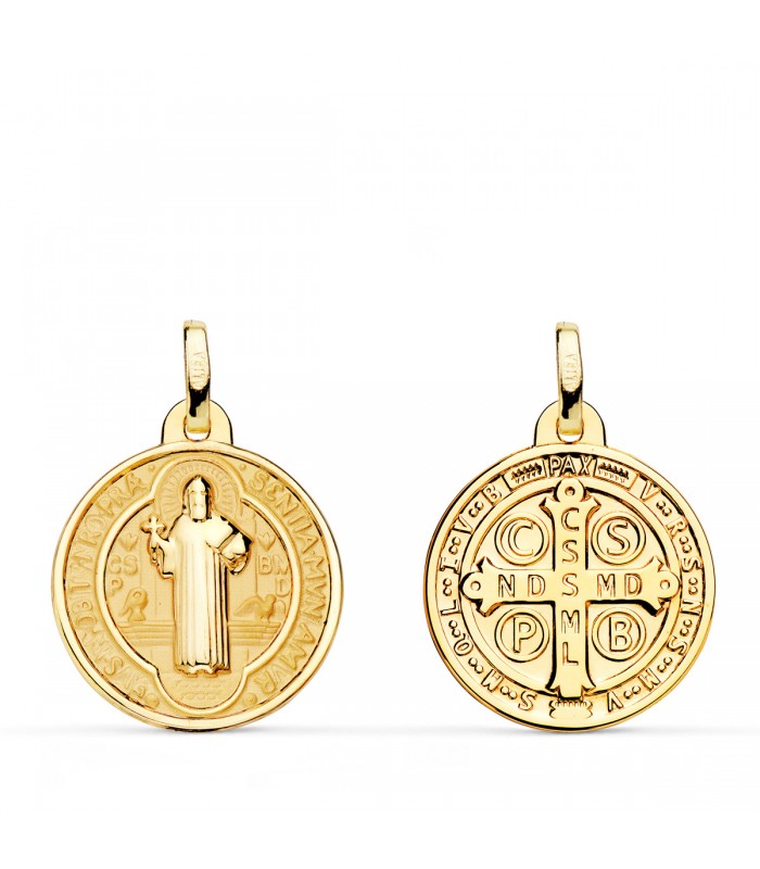 Médaille de Saint Benoit Or 18K Mate et Brillant 18mm, médaillons et scapulaires