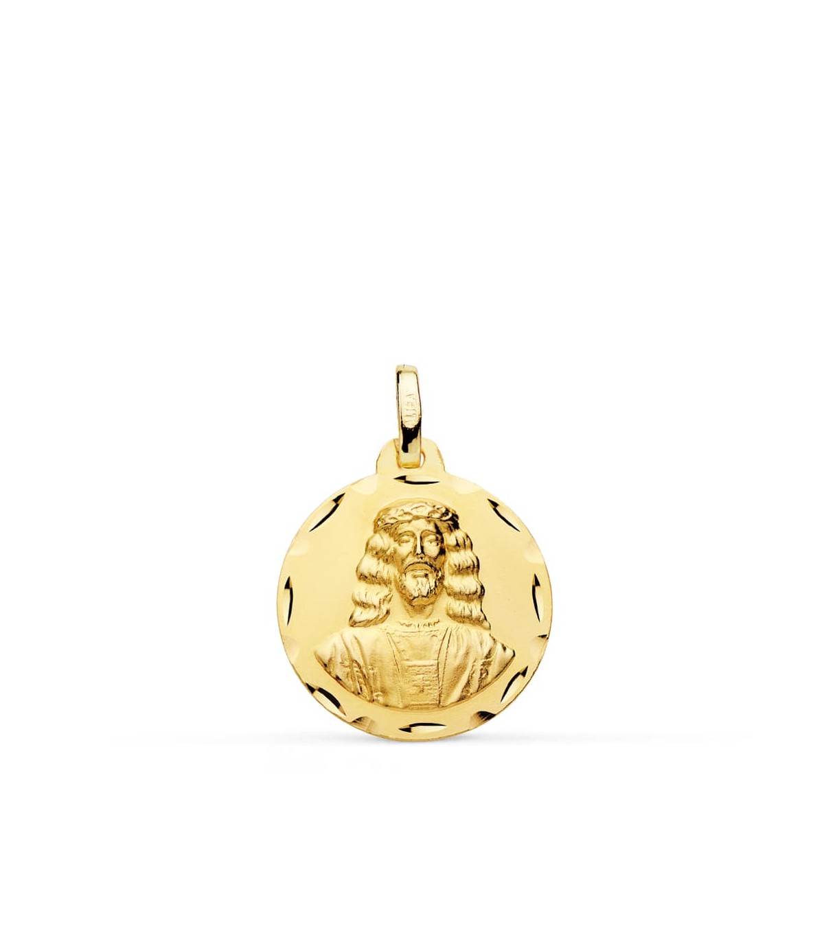 Medaglia rotonda Gesù volto oro 18Kt 18mm intagliata, ciondolo con Cristo