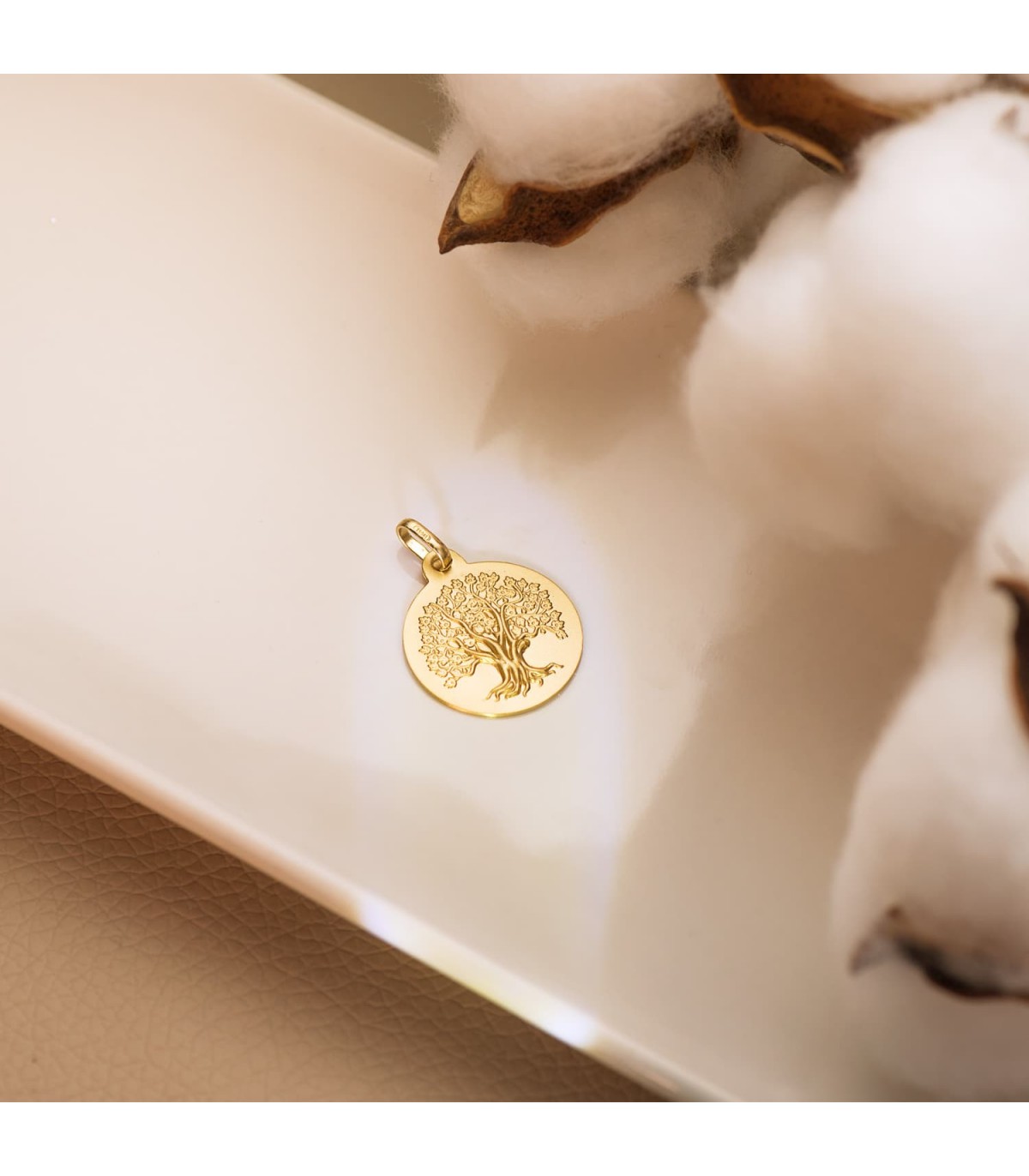 Arbre de Vie en or, pendentif avec gravure au dos, médaille rond 18 mm