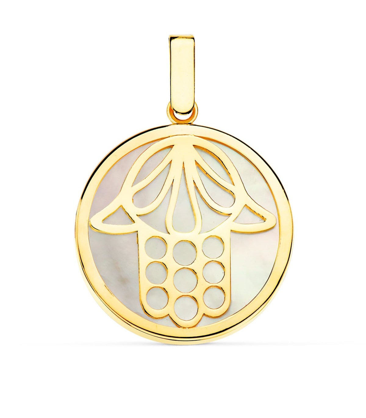 Fatimas Hand, Hamsa-Anhänger Kreis Ø 20 mm, 18K Gold, Perlmutt, glanz – Schutzsymbol