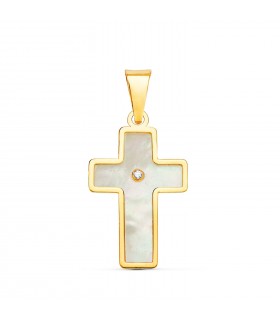 Tauf-Kreuzanhänger mit Perlmutt, glanz, aus 750er Gelbgold, 18 mm