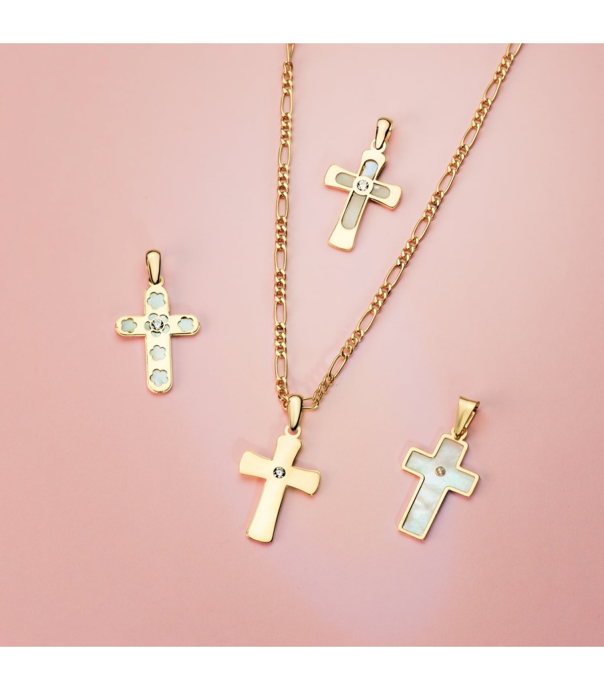 Croix nacrée or jaune 18 K | Pendentifs croix baptême et femme