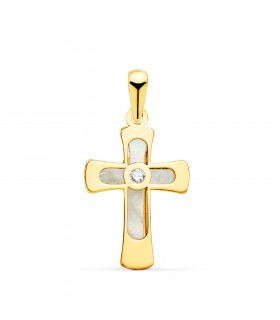 Damen-Kreuzanhänger 20 mm, mit Perlmutt, Zirkonia, aus 750er Gelbgold