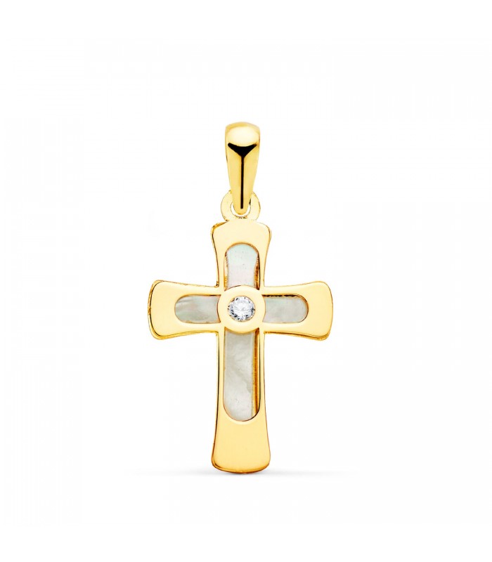 Damen-Kreuzanhänger 20 mm, mit Perlmutt, Zirkonia, aus 750er Gelbgold