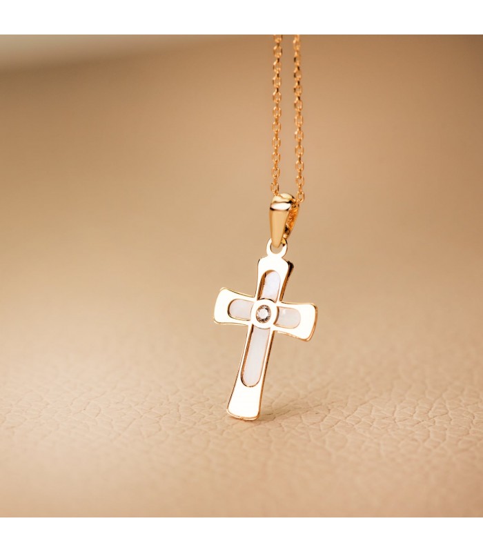 Damen-Kreuzanhänger 20 mm, mit Perlmutt, Zirkonia, aus 750er Gelbgold