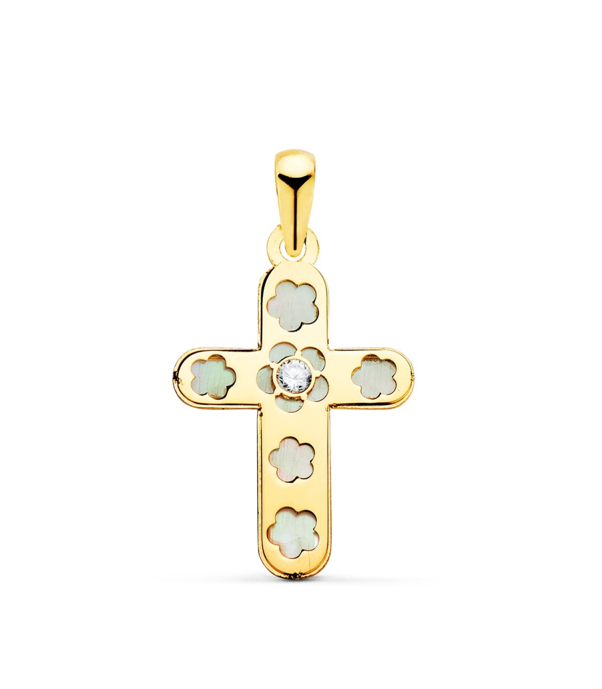 Cruz Plana Nácar Flor Oro Amarillo 18 Kilates 20 mm - cruz mujer, cruz comunión, bautizo, colgante religioso.
