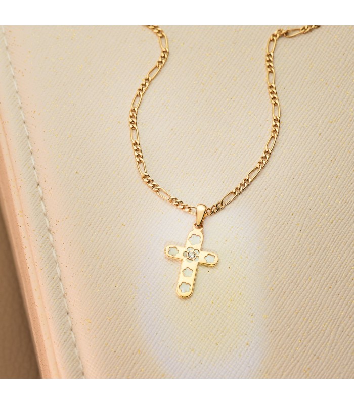 Cruz Plana Nácar Flor Oro Amarillo 18 Kilates 20 mm - cruz mujer, cruz comunión, bautizo, colgante religioso.