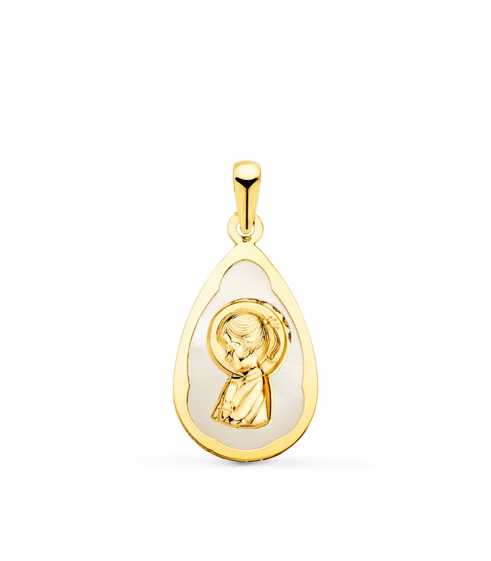 Medalla Comunión Oro 18K Virgen niña Nácar Gota