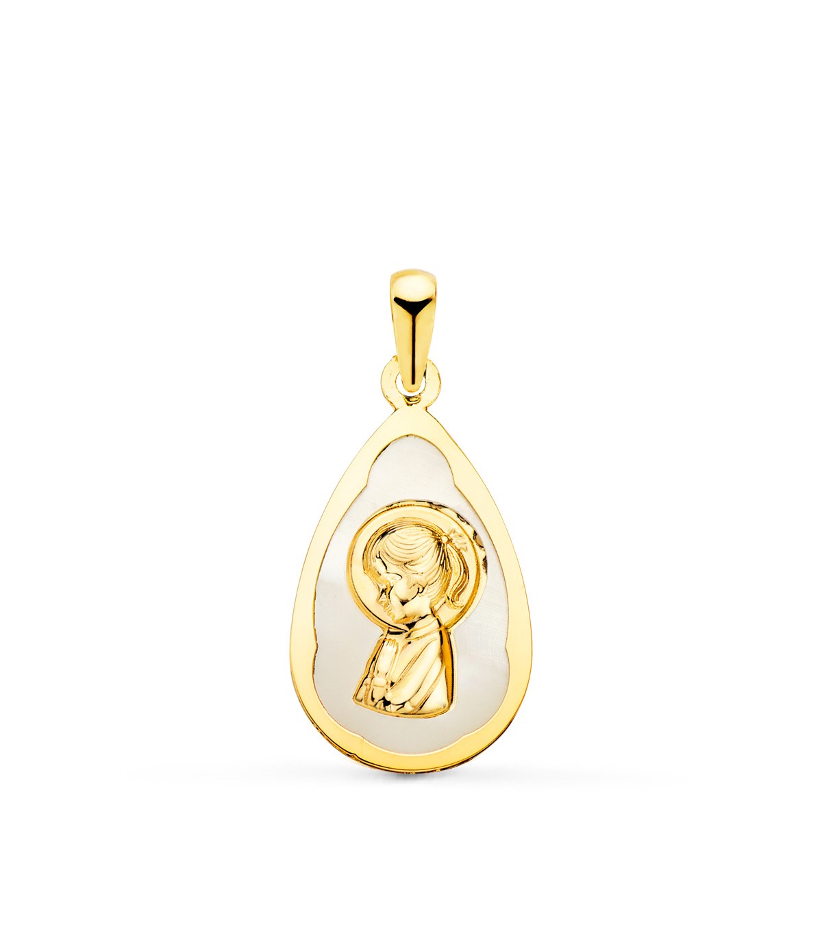 Medalla Comunión Oro 18K Virgen niña Nácar Gota