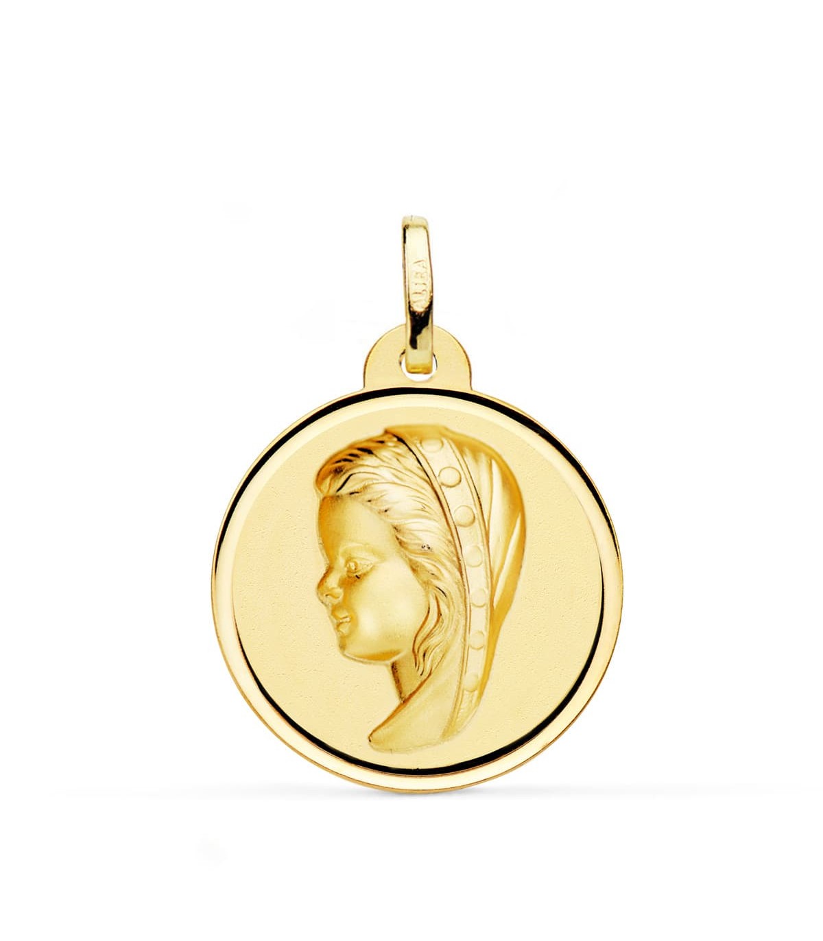 Alda Joyeros, joyería online |Medalla Virgen Niña Bisel Oro Amarillo 18 K 24 MM | colgante personalizado con grabado