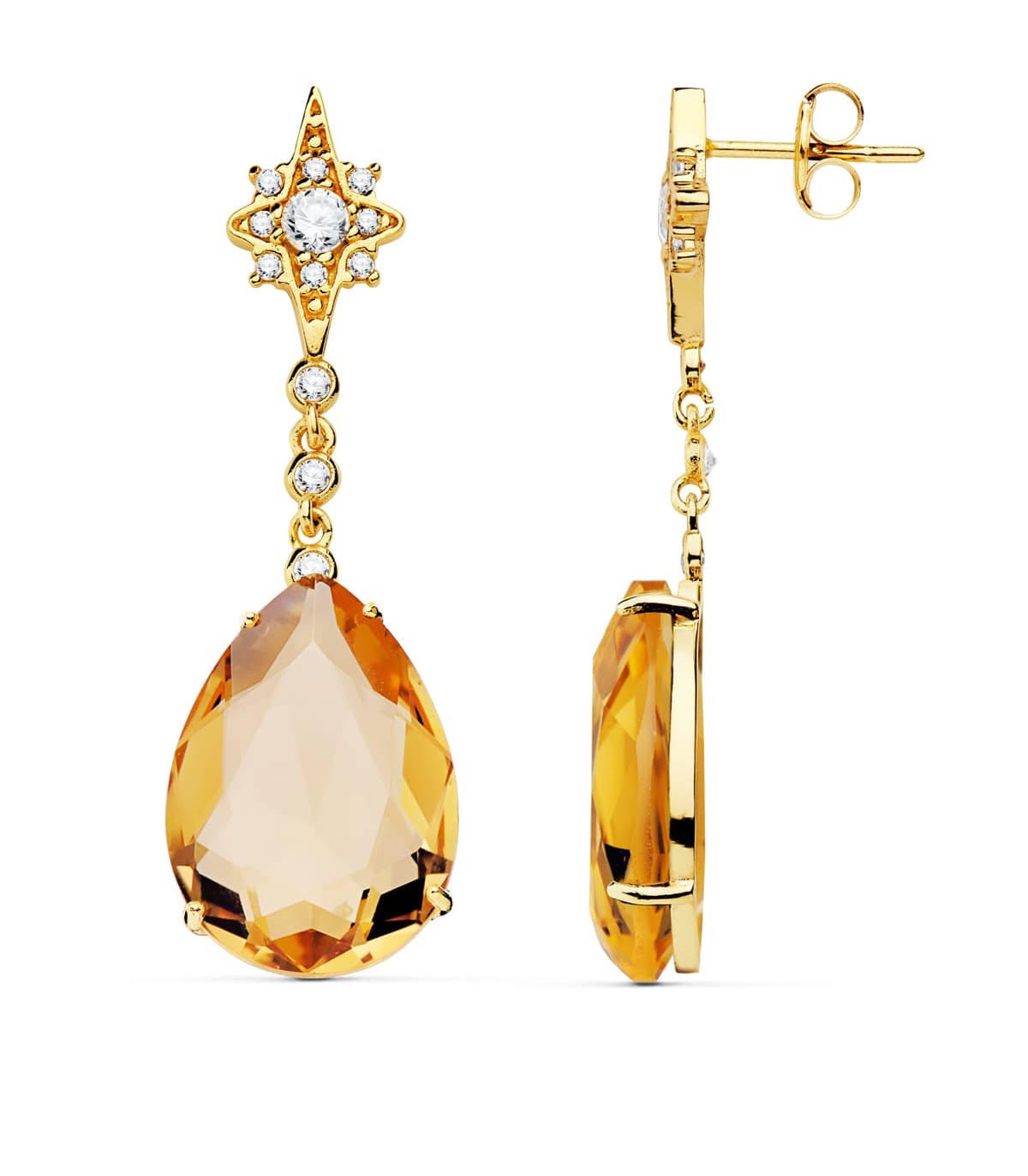 Pendientes Dakota Oro Amarillo 18K Piedra Champagne Joyas invitada de boda mujer