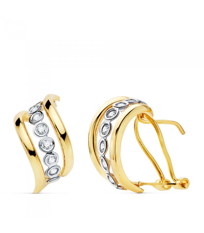 Pendientes de mujer Tilda Oro Bicolor 18K Bandas Onduladas Circonitas Cierre Omega