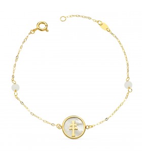 Bracelet Femme Or 18K Croix Caravaca Nacre 20cm