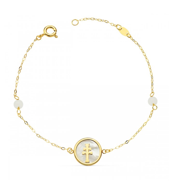 Pulsera Mujer Oro 18K Cruz Caravaca Nácar 20cm