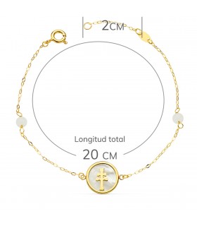 Bracelet Femme Or 18K Croix Caravaca Nacre 20cm