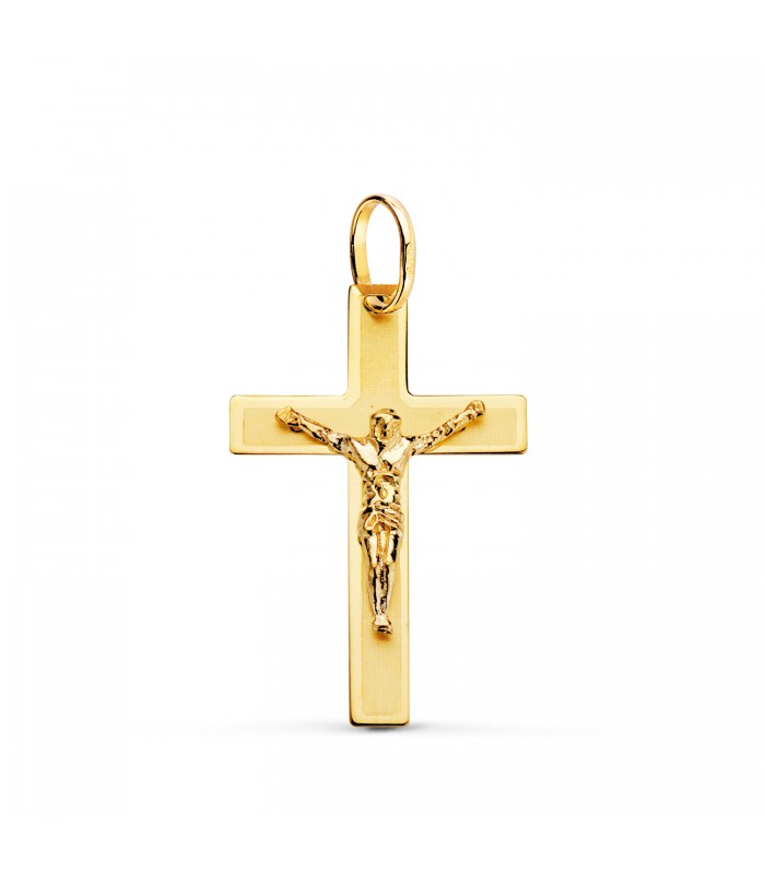 Anhänger Kreuz Jesus Gelbgold 26 mm, rechteckiger Design – Kruzifix für Damen und Herren