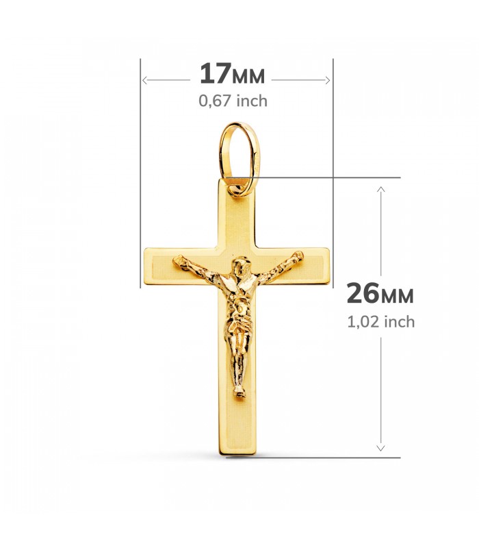 Anhänger Kreuz Jesus Gelbgold 26 mm, rechteckiger Design – Kruzifix für Damen und Herren