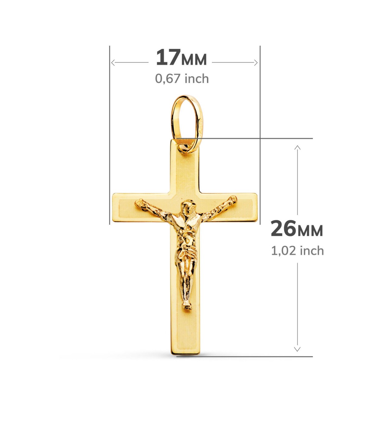 Anhänger Kreuz Jesus Gelbgold 26 mm, rechteckiger Design – Kruzifix für Damen und Herren