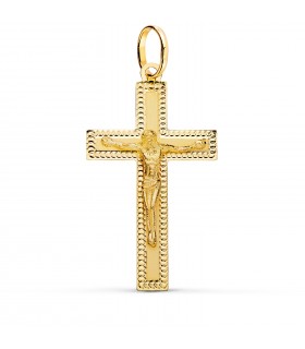 Anhänger Kreuz mit Jesus, 750 Gold, 35 mm – diamantiert, rechteckiger Design – Kruzifix für Damen und Herren