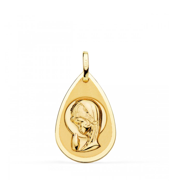 Medalla Gota Virgen Niña Brillo Oro 18K 19 MM -  medallas religiosas para bautizo y comunión