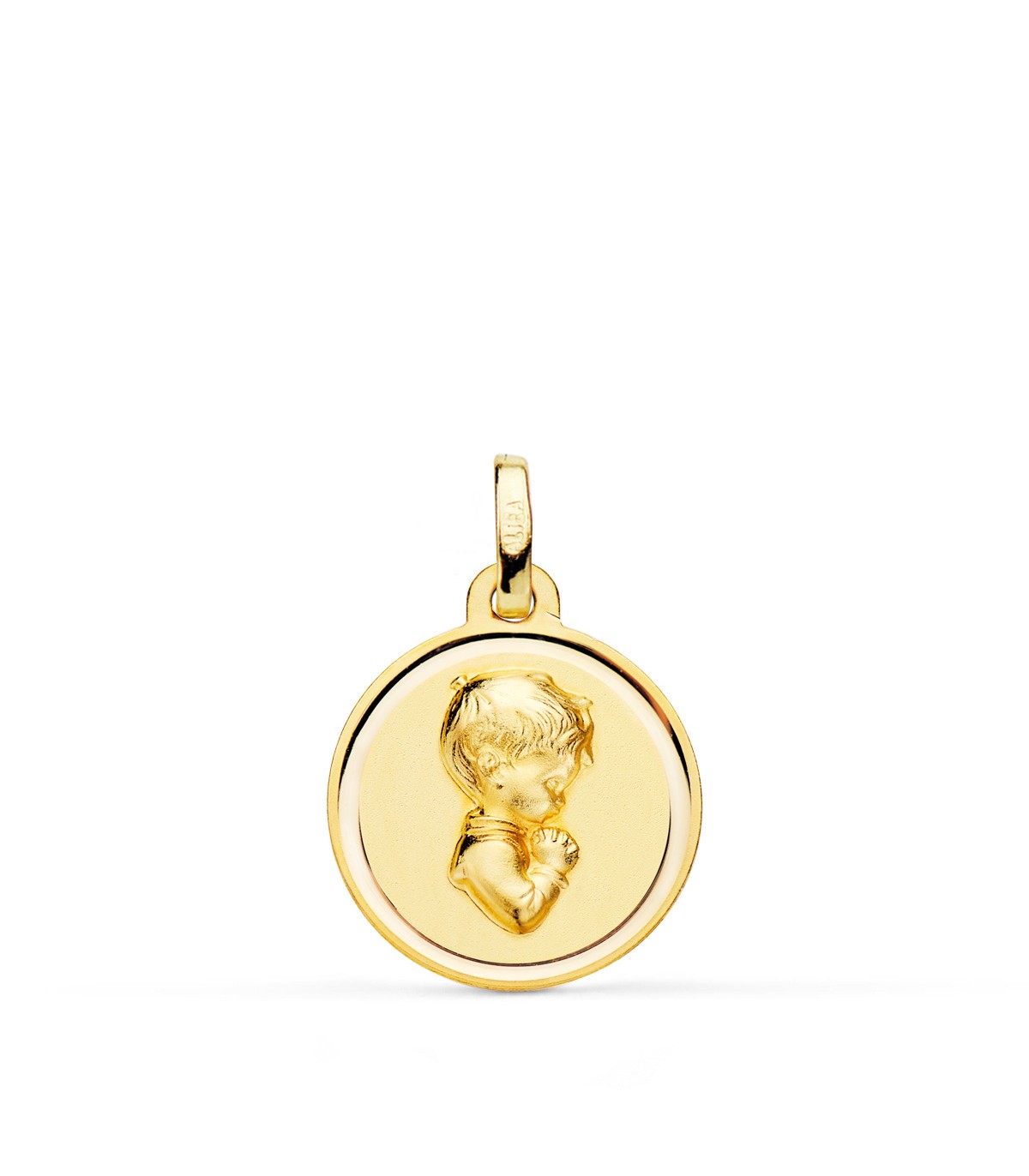 Ciondolo 16mm bambino in preghiera d'oro giallo 750‰, per comunione o battesimo