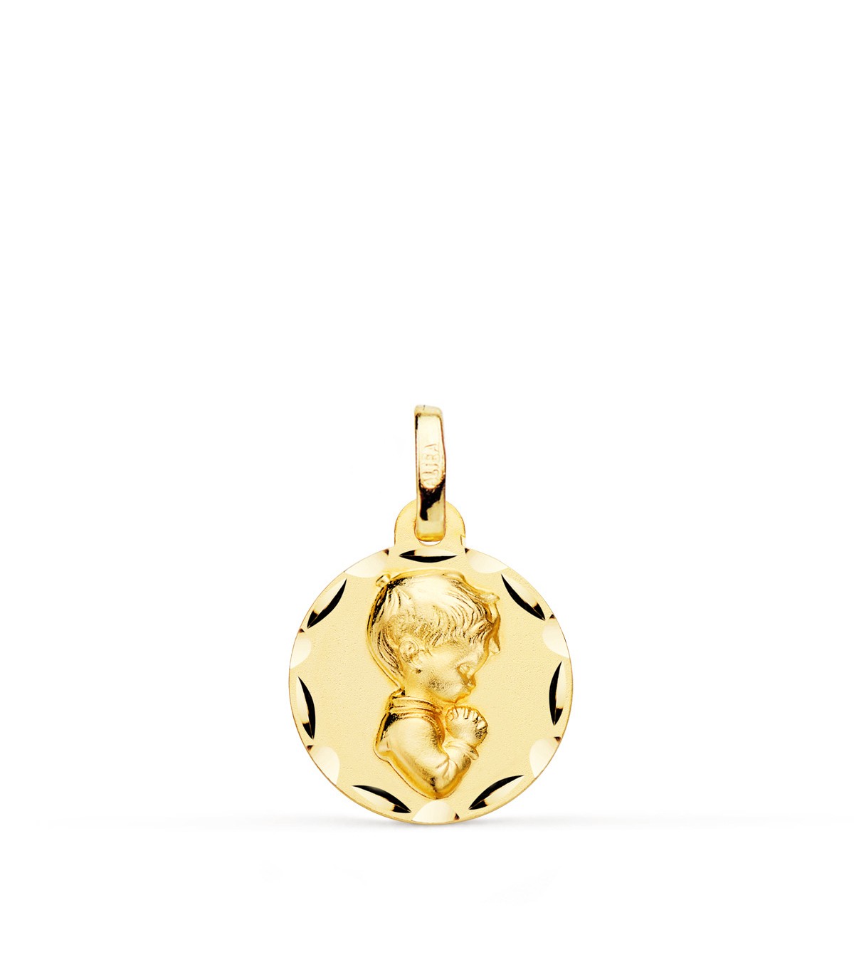 Medalla Niño rezando tallada Oro 18K 14mm - medallas para bautizo, bebé, comunión