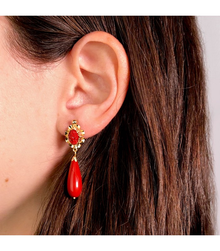 Orecchini pendenti con corallo a goccia, Modello Marisol da donna oro 18kt 47mm