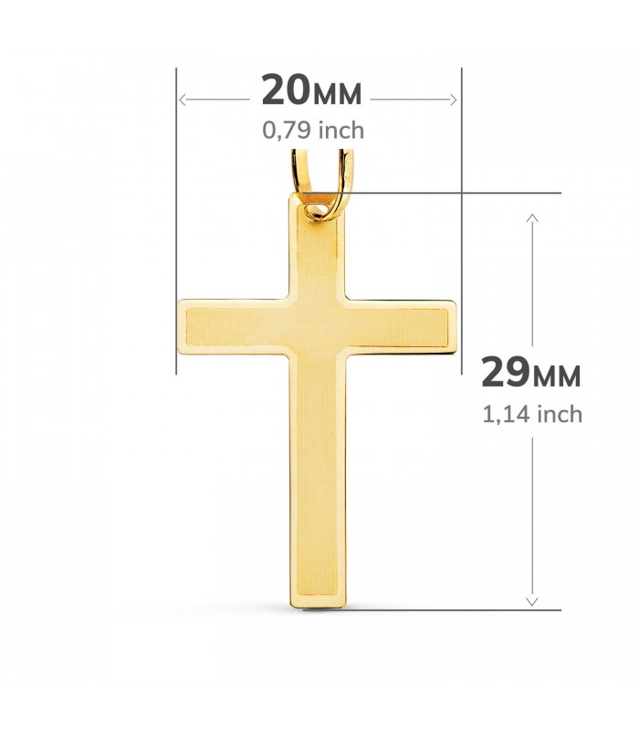 Ciondolo a croce piatta oro giallo 29mm, a lastra e rettangolare – Crocifisso per donna e uomo