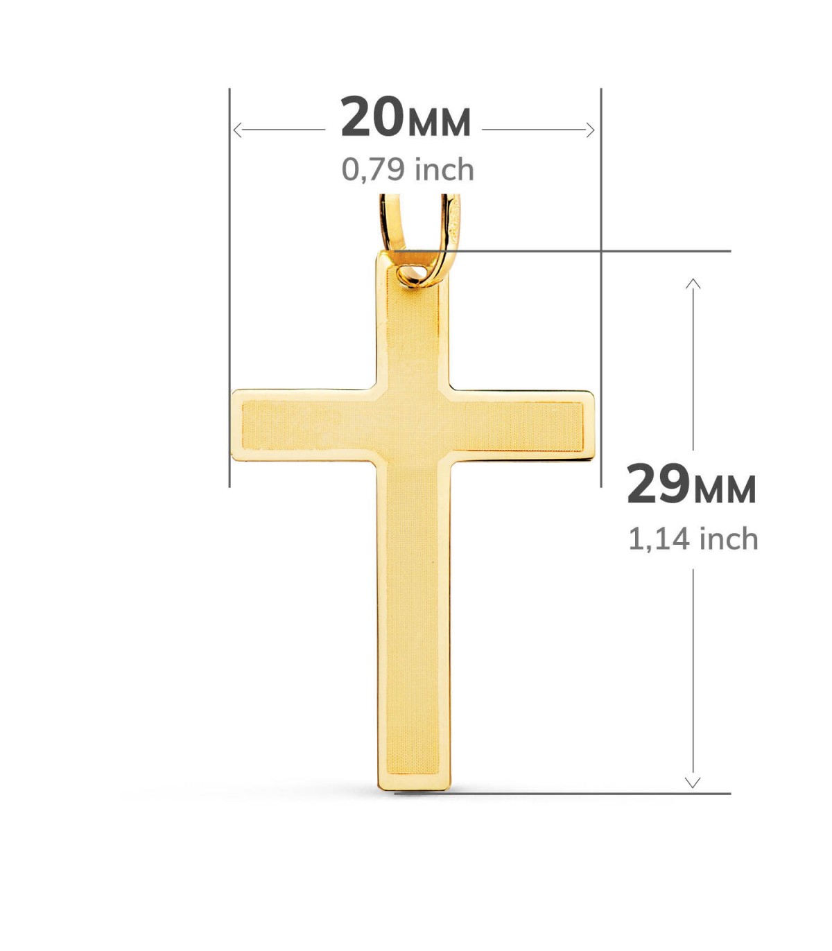 Ciondolo a croce piatta oro giallo 29mm, a lastra e rettangolare – Crocifisso per donna e uomo