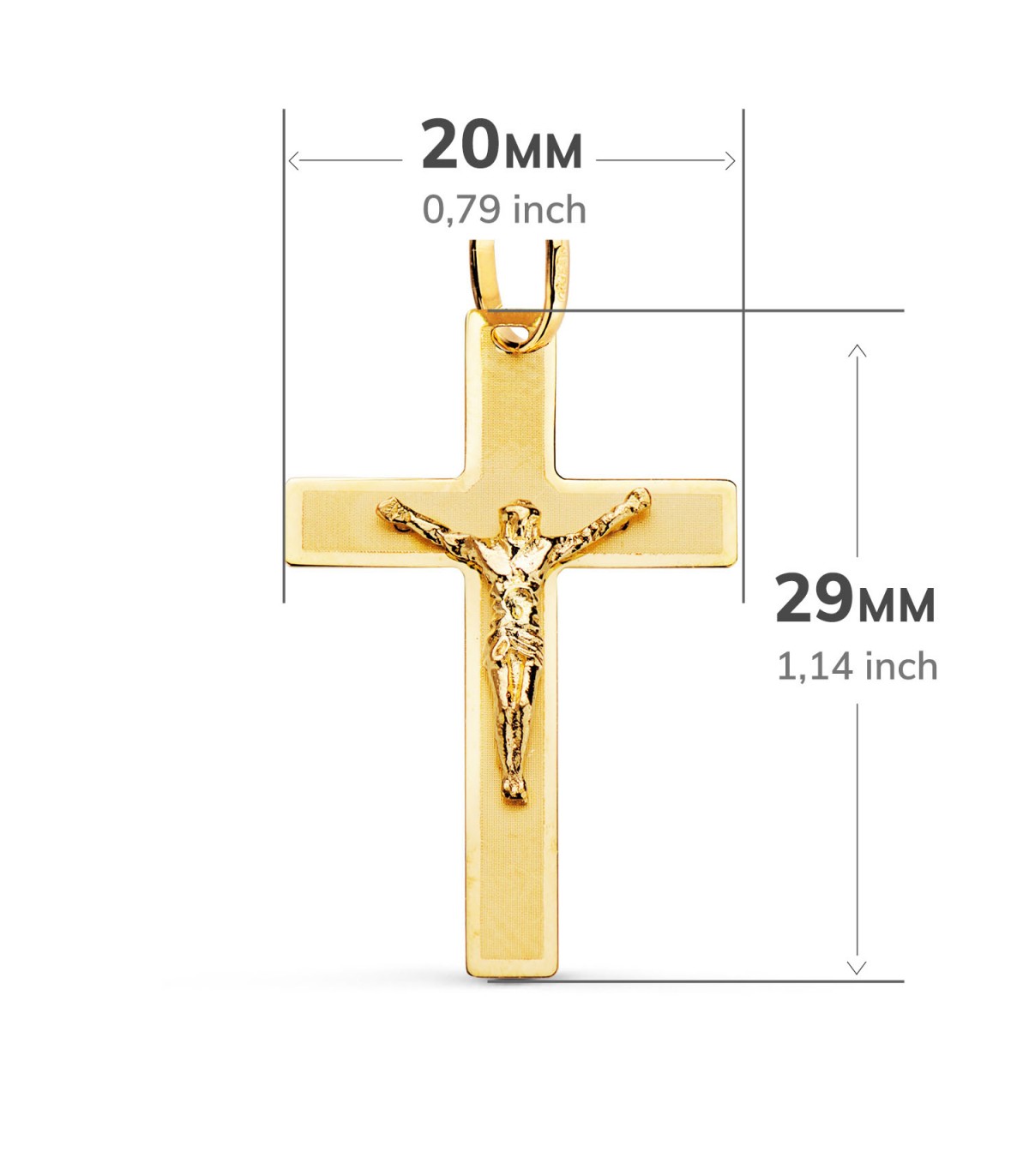 Anhänger Kreuz Jesus Gelbgold 29 mm, rechteckiger Design – Kruzifix für Damen und Herren