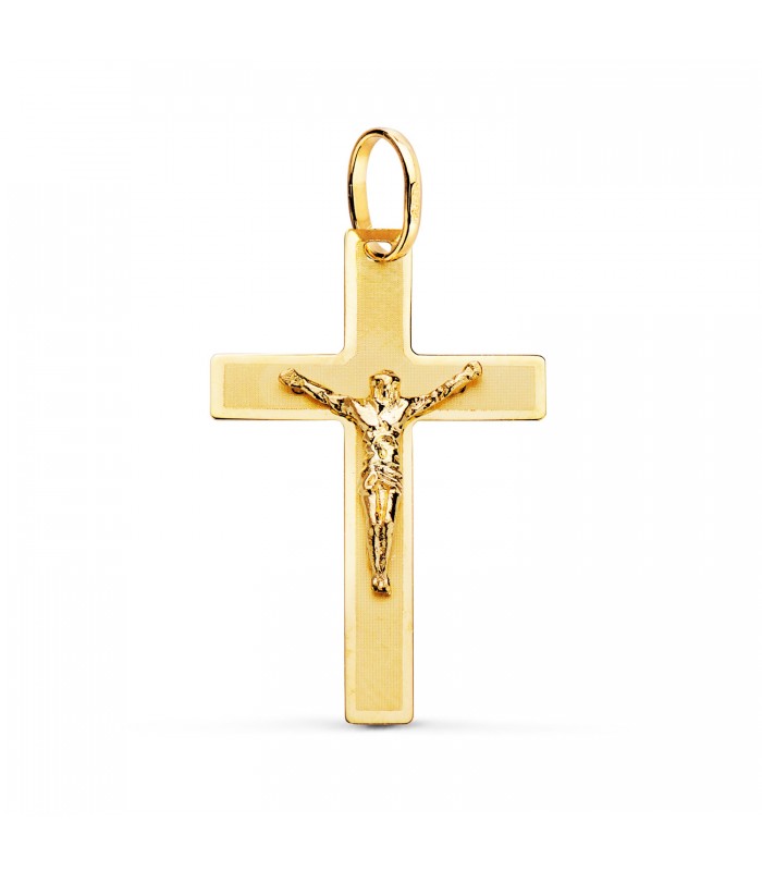 Anhänger Kreuz Jesus Gelbgold 29 mm, rechteckiger Design – Kruzifix für Damen und Herren