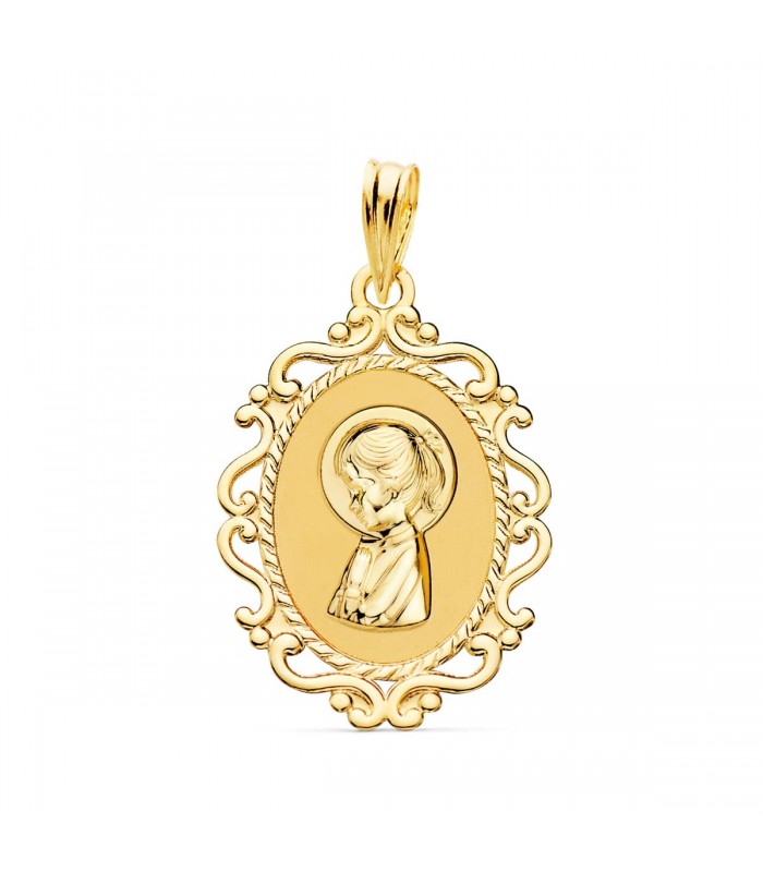Alda Joyeros, joyería online |Medalla Virgen Niña Cerco 18 Ktes 23 mm | colgante personalizado con grabado
