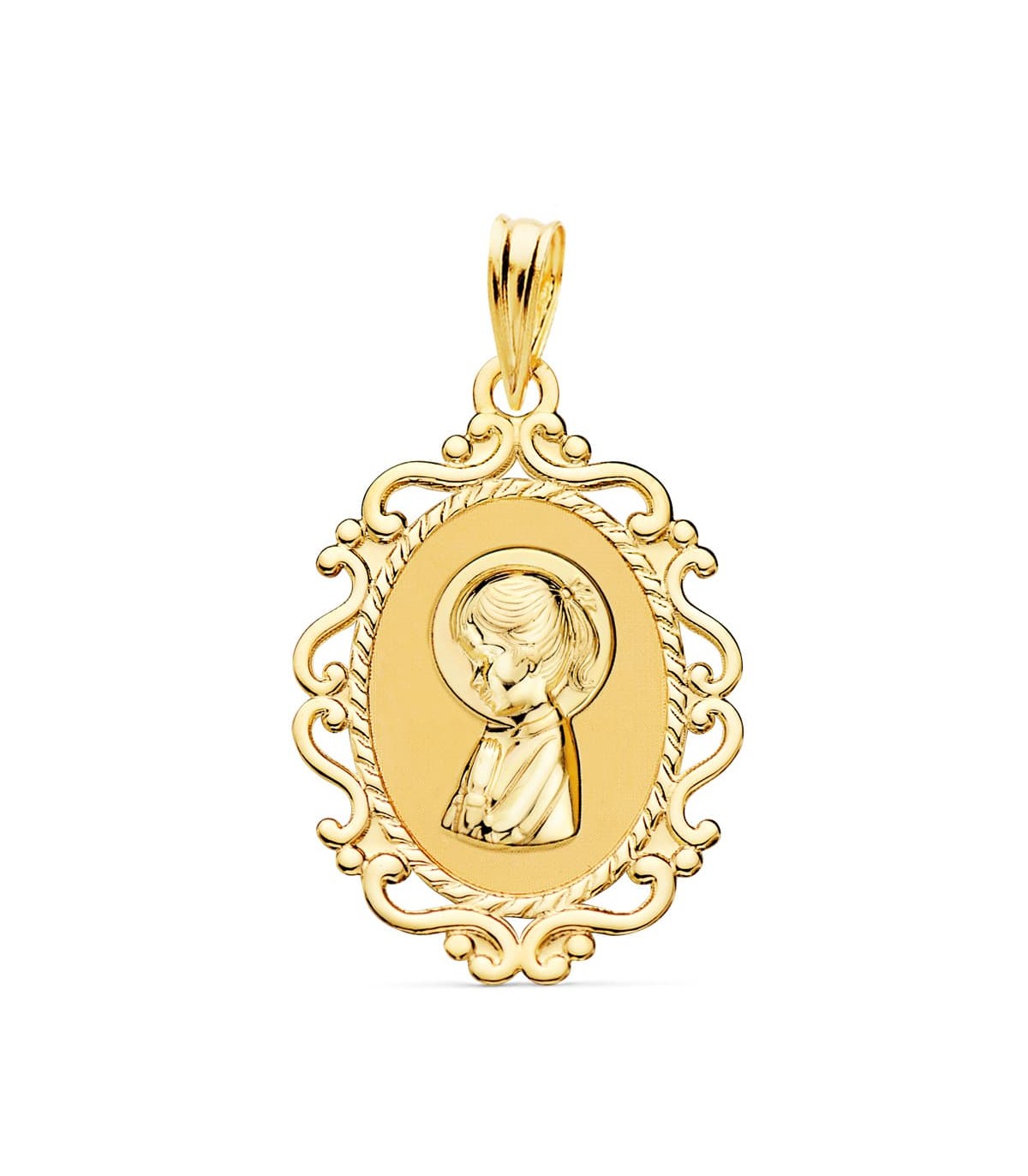 Alda Joyeros, joyería online |Medalla Virgen Niña Cerco 18 Ktes 23 mm | colgante personalizado con grabado