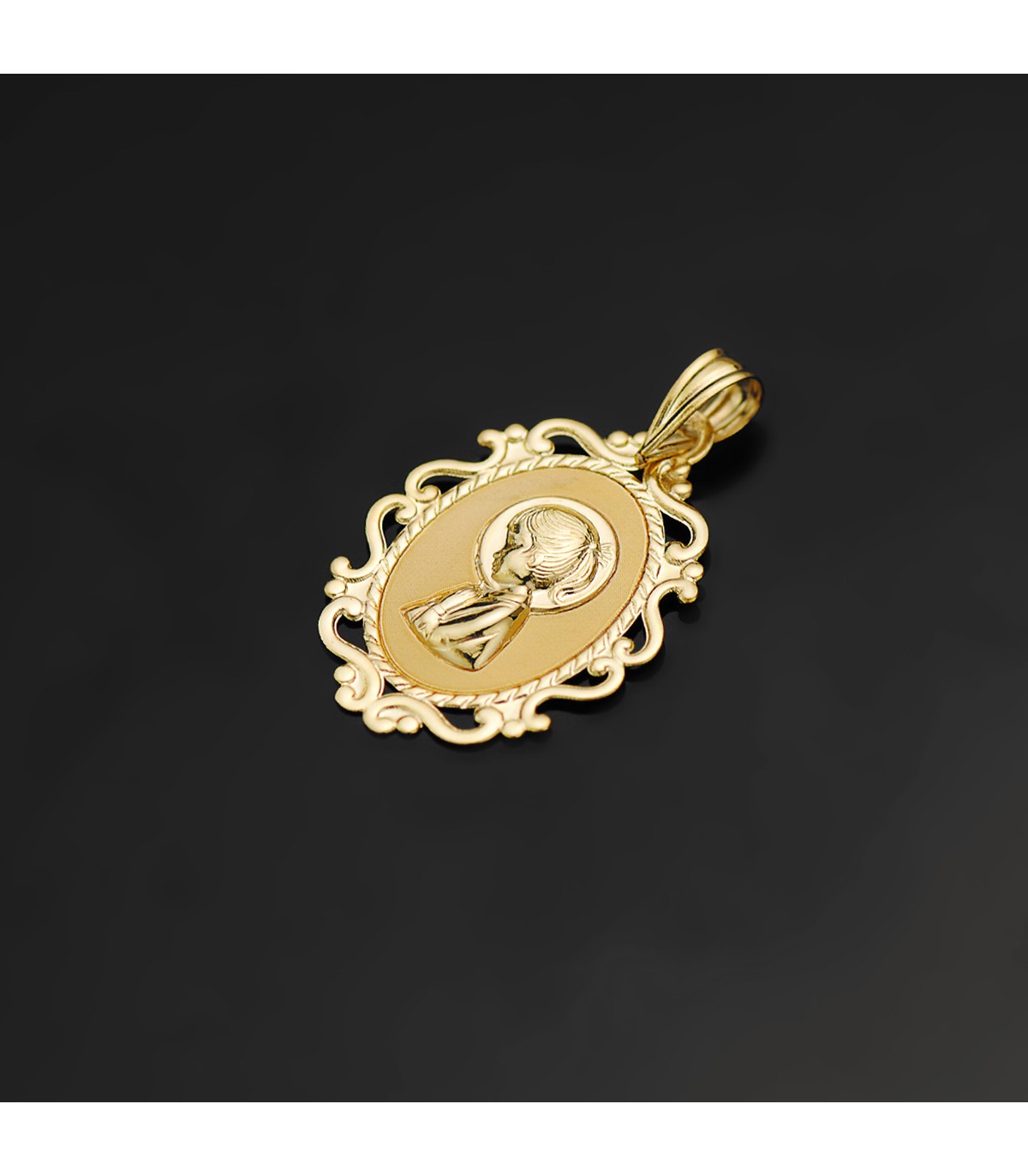 Alda Joyeros, joyería online |Medalla Virgen Niña Cerco 18 Ktes 23 mm | colgante personalizado con grabado