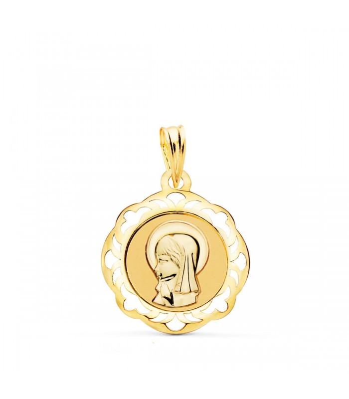 Alda Joyeros, joyería online |Medalla Virgen niña Oro 18K 18mm Orla Oración | colgante personalizado con grabado