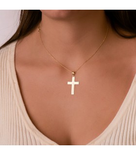 Anhänger Kreuz – flaches, poliertes 750er Gold, 32 mm, rechteckiger Design – Kruzifix für Damen und Herren
