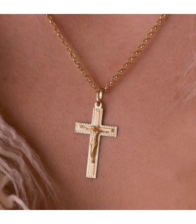 Anhänger Kreuz mit Jesus, 750 Gold, 35 mm – diamantiert, rechteckiger Design – Kruzifix für Damen und Herren
