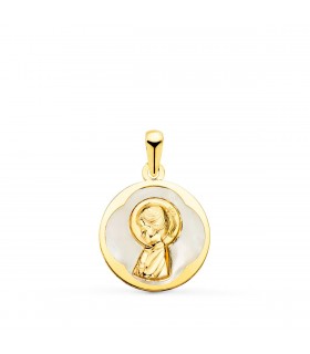 Medalla Nácar Virgen Niña Oro 18K 15 mm - medallas para comunión - colgante personalizable