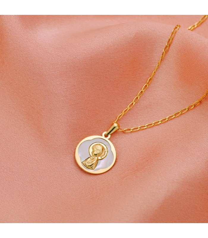 Médaille Nacre Vierge Enfant Or 18K 15 mm