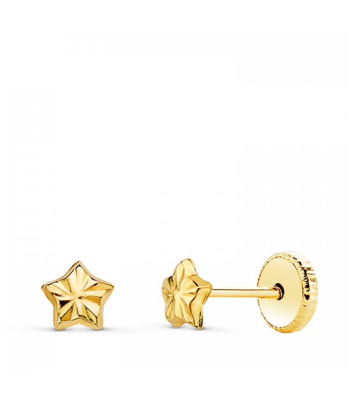 Pendientes Bebé Estrella Tallada Oro 18K 4mm - pendientes recién nacida - primera puesta - pendientes de oreja