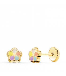Orecchini oro 18kt Fiore colori 5 mm, smaltati, chiusura a vite, per bambina e neonata