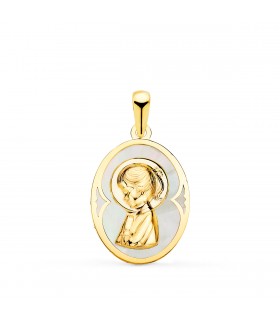 Medalla Nácar Oval Virgen Niña Oro 18 K 19 mm - medallas para comunión - colgante personalizable