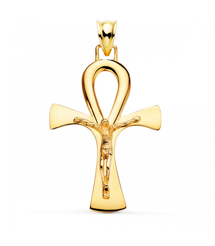 Jesus am Kruzifix – massiver Ankh-Anhänger aus 18 Karat Gelbgold (750/1000) 36 mm