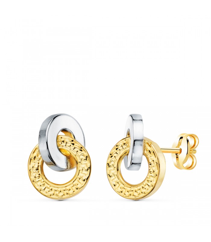 Pendientes Greca Brida Oro Bicolor 18K 10mm - pendientes de oreja, oro amarillo 18 kilates, joyas de mujer