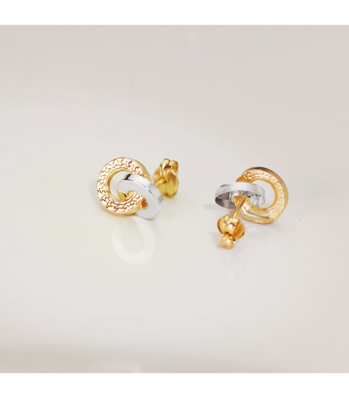 Creolen-Ohrstecker mit Einkerbungen und glänzendem Ring, 10 mm - 750er Gelb- und Weißgold 18K für Damen