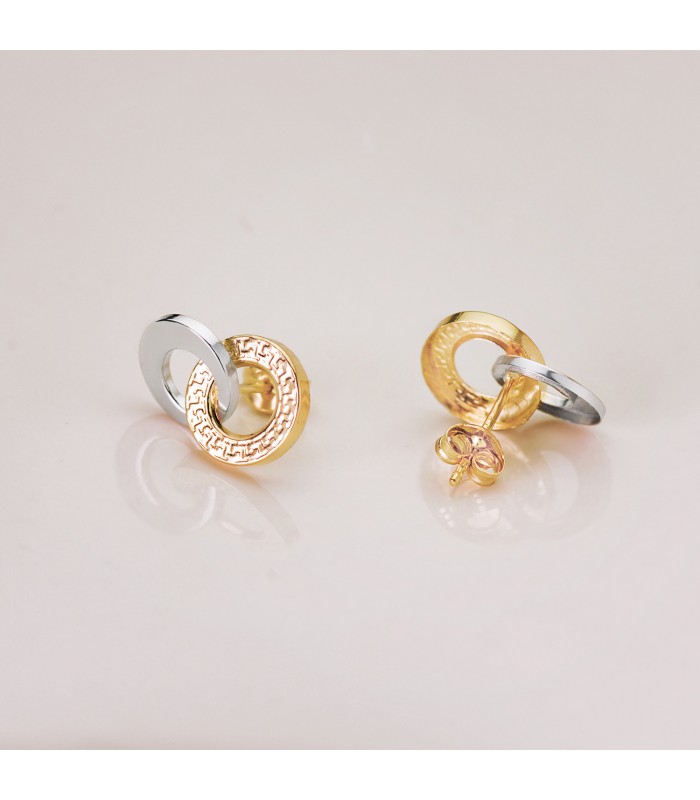 Orecchini a cerchio doppio, liscio e con greca | Orecchini a lobo da donna Brida oro bicolore 13mm