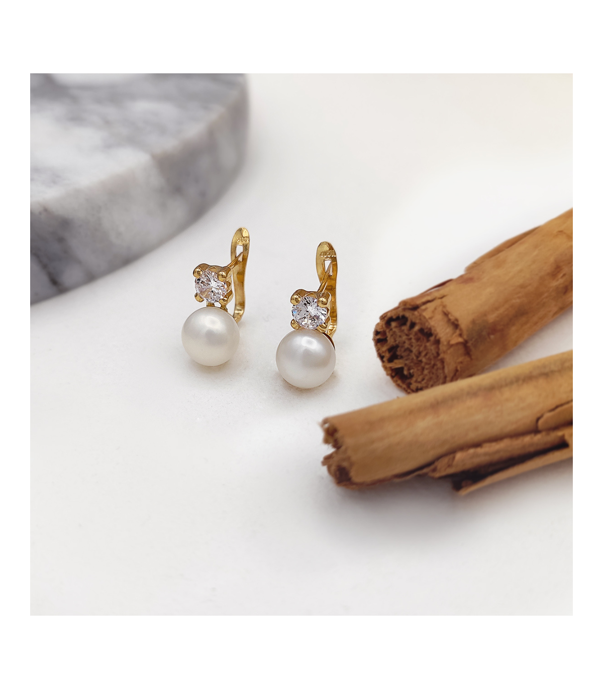 Pendientes Stephanie Oro Amarillo 18 K Primera Comunión, perla botón 6 mm