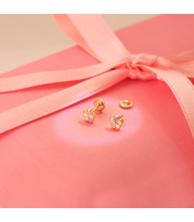 Orecchini neonata oro con fiore smaltato, primo set, piercing all'orecchio